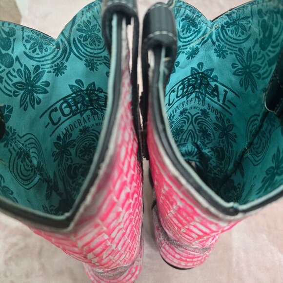 Corral Pink Full Caiman Hand Painted Pink Cowboy Boots Size 6.5 - Picture 9 of 11